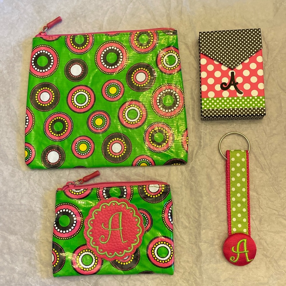 Initial “A” notepad with pen by Mud Pie. Keychain and two pouches  by MSC